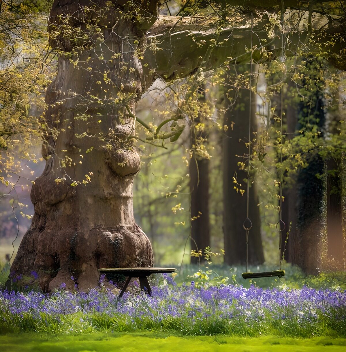 Onder de oude boom met schommels