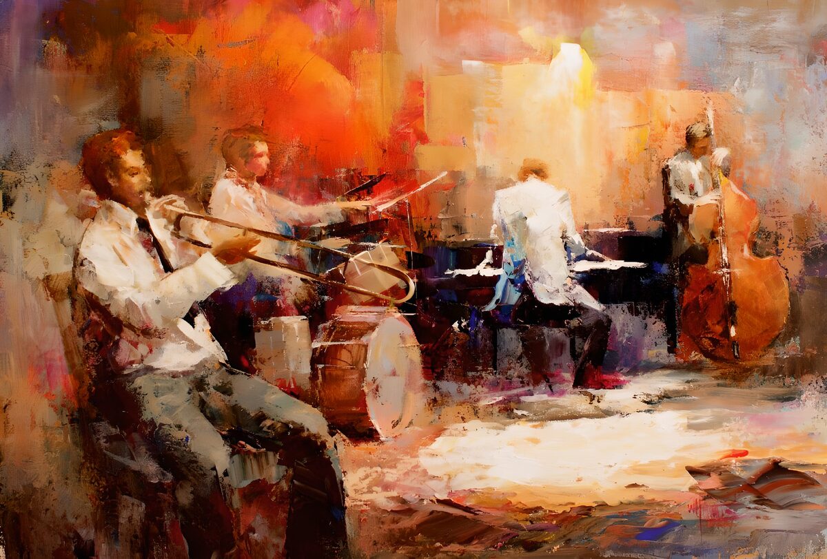 Jazzmuzikanten in een kleurrijke sfeer