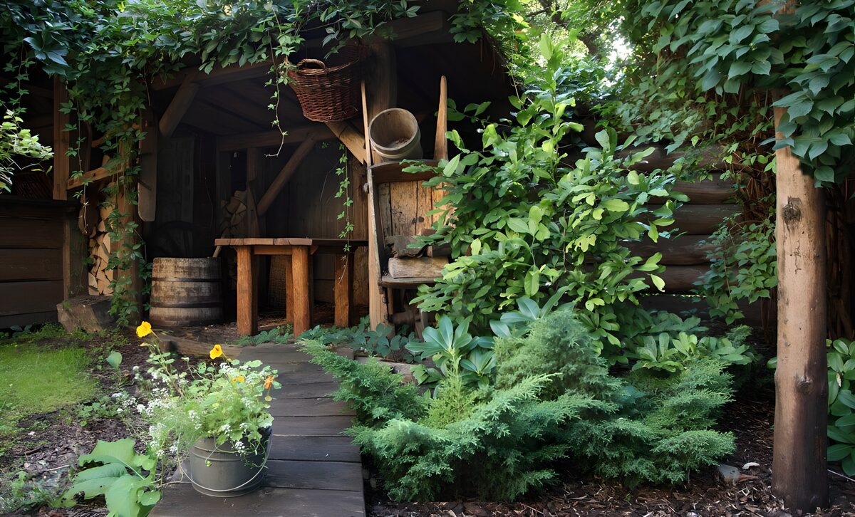 Sfeervolle tuin met houten schuur