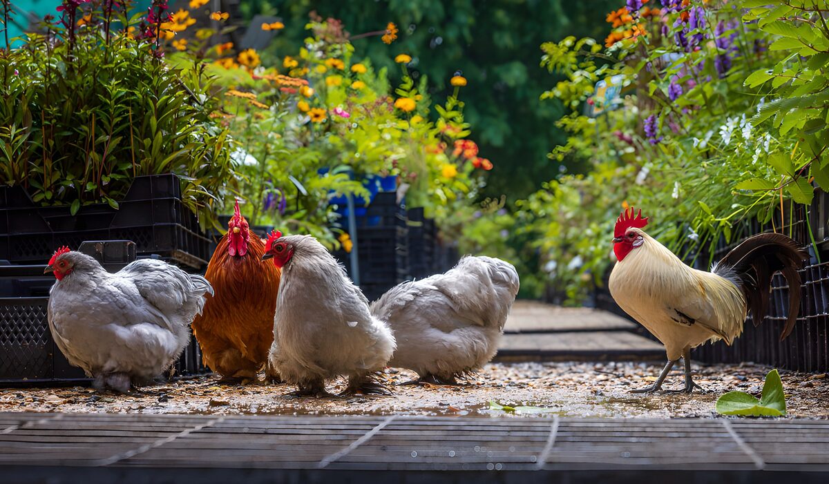 Kippen in een tuinpad