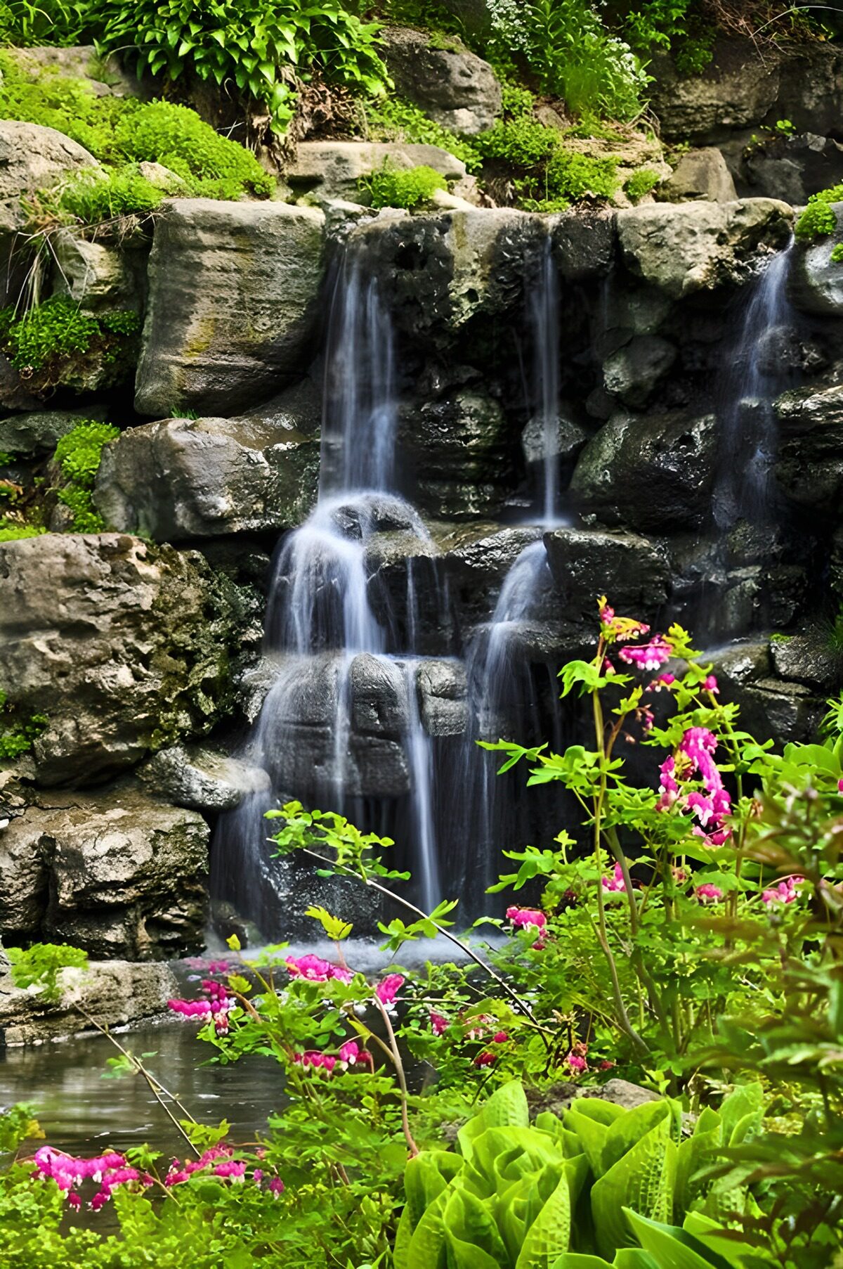 Rustgevende waterval omringd door bloemen