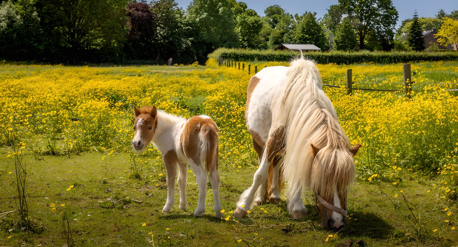 CW9815642: Pony met veulen in bloemenwei