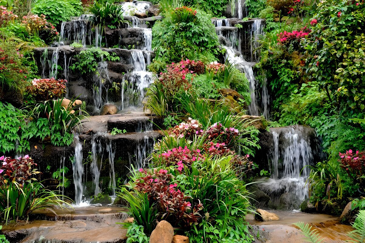 CW9320773: Rustieke waterval omringd door bloemen