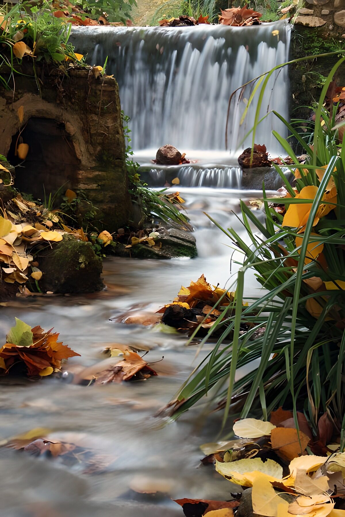 Rustgevende waterval omringd door bladeren