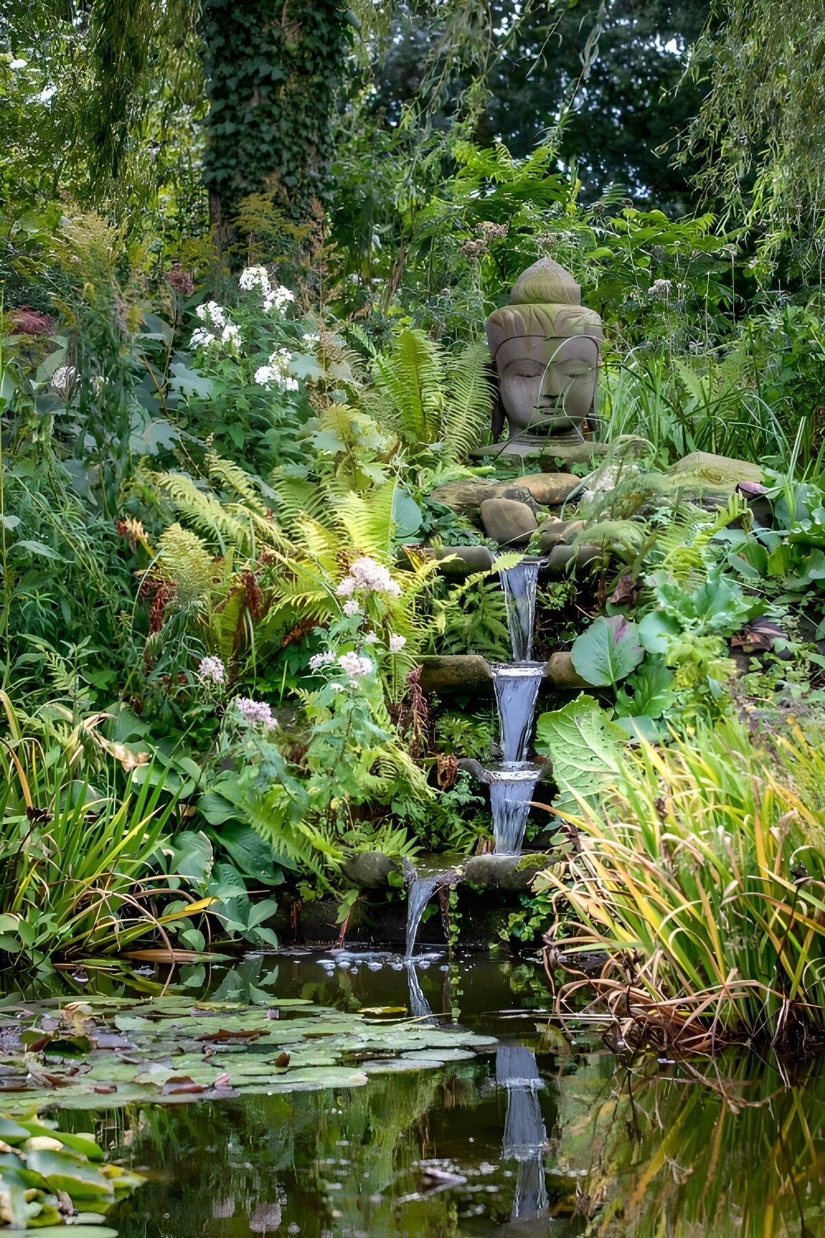 Rustige tuin met watervalletje