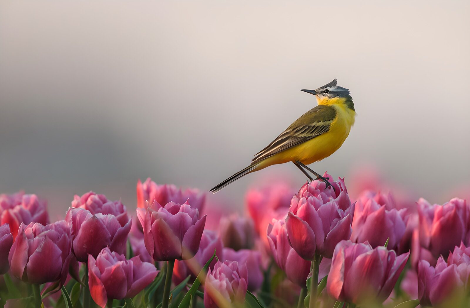 CW7732550: Gele vogel tussen roze tulpen