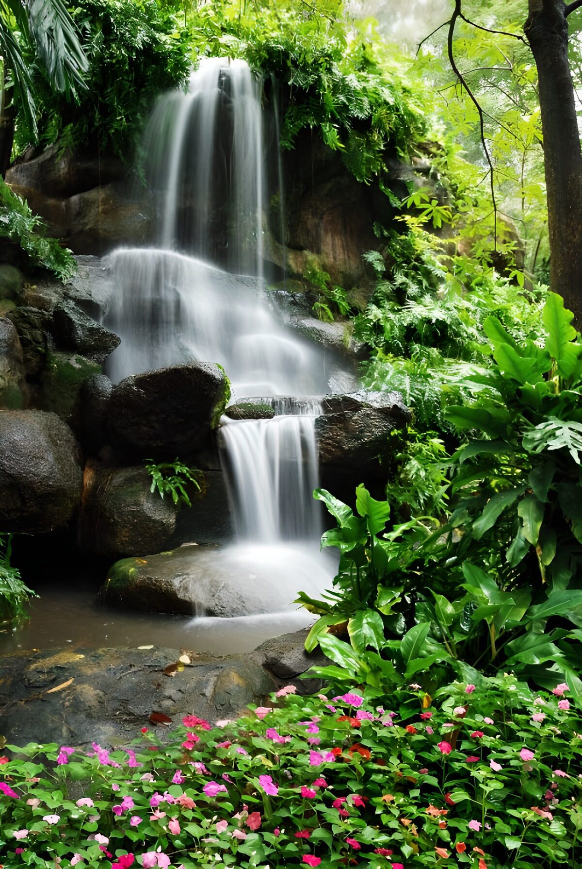 Waterval omgeven door weelderige natuur