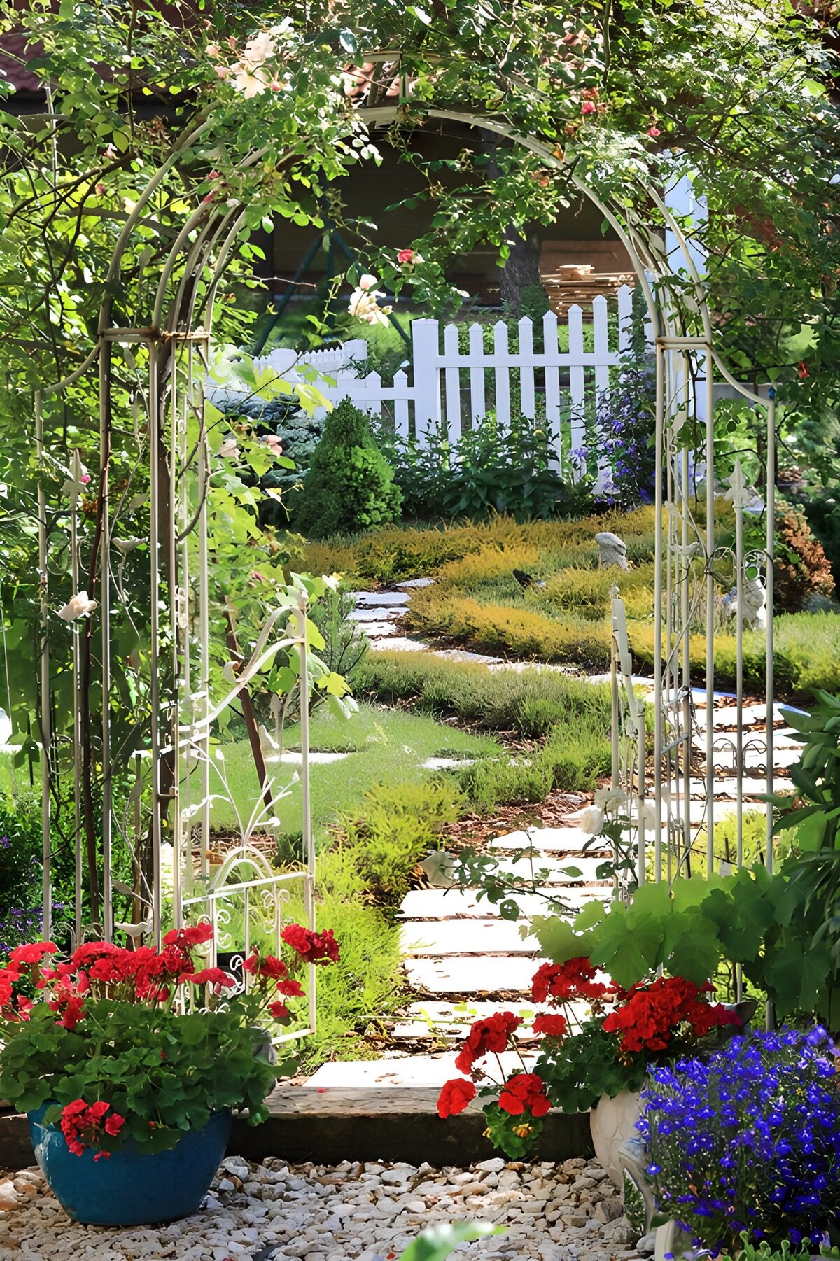 Sfeervolle tuin met poort en bloemen