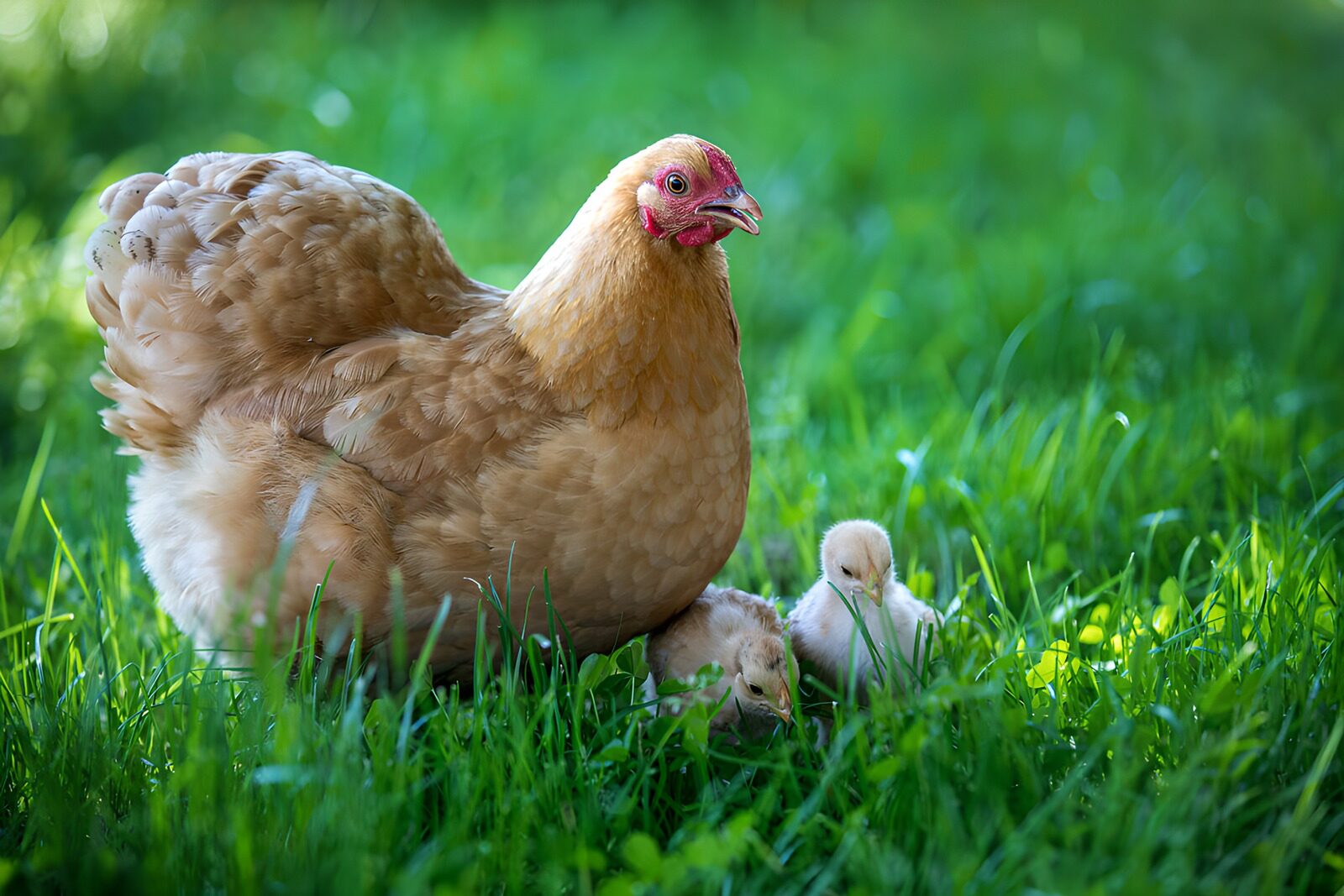 CW9586747: Moederhen met kuikens in het gras