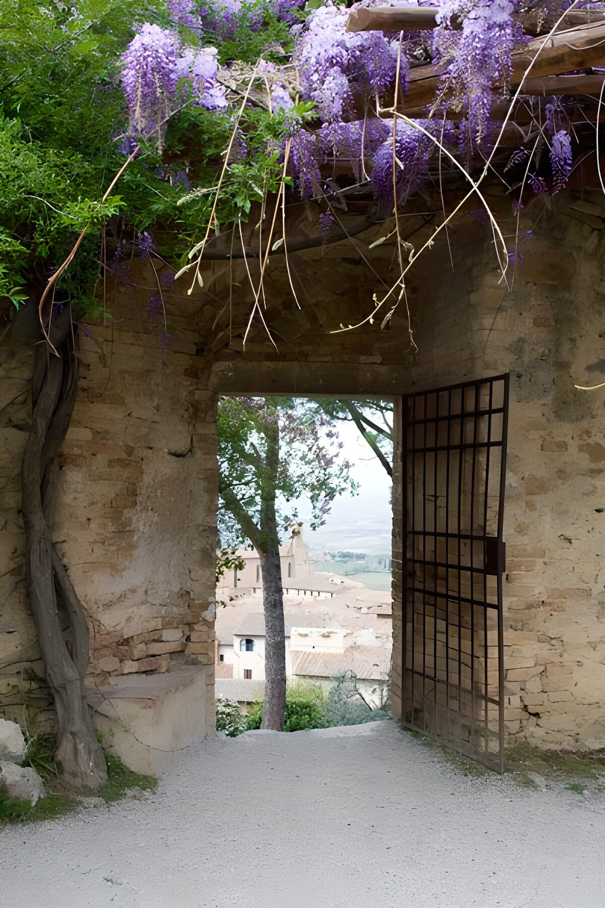 Poort met paarse bloemen en uitzicht