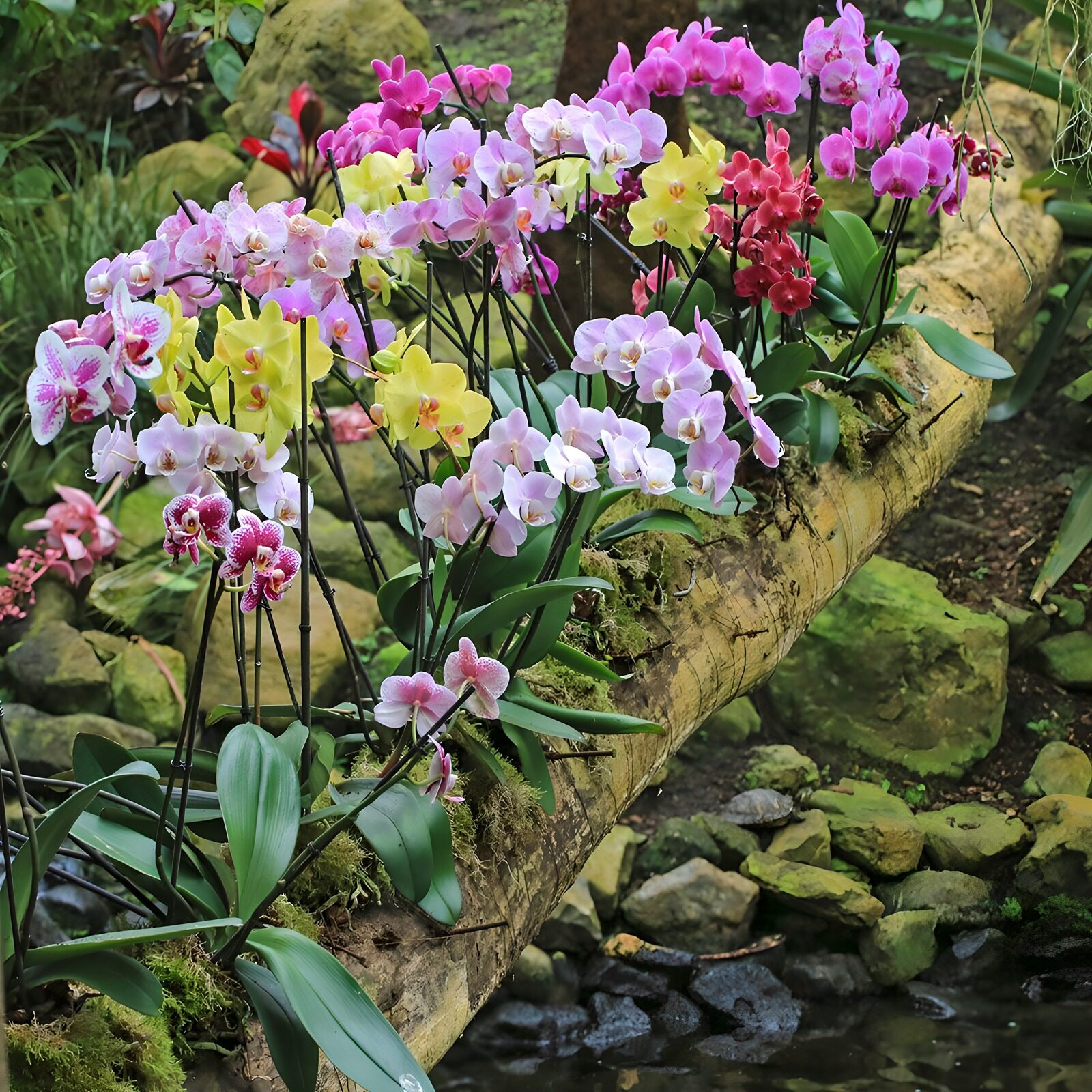 CW3349286: Kleurrijke Orchideeën op een Boomstronk