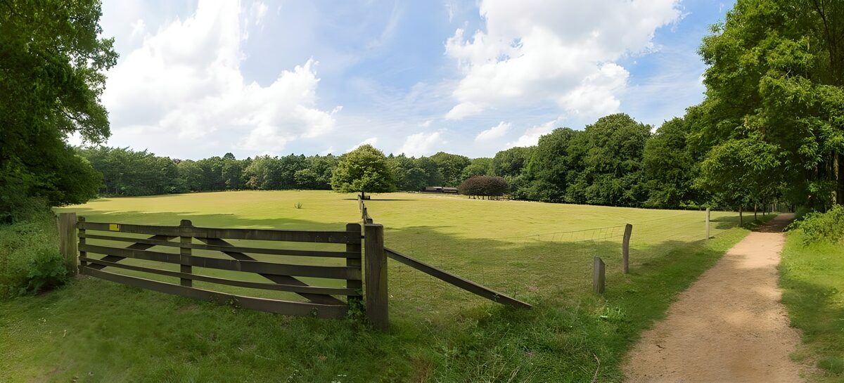 Rustgevende weide met toegangspoort