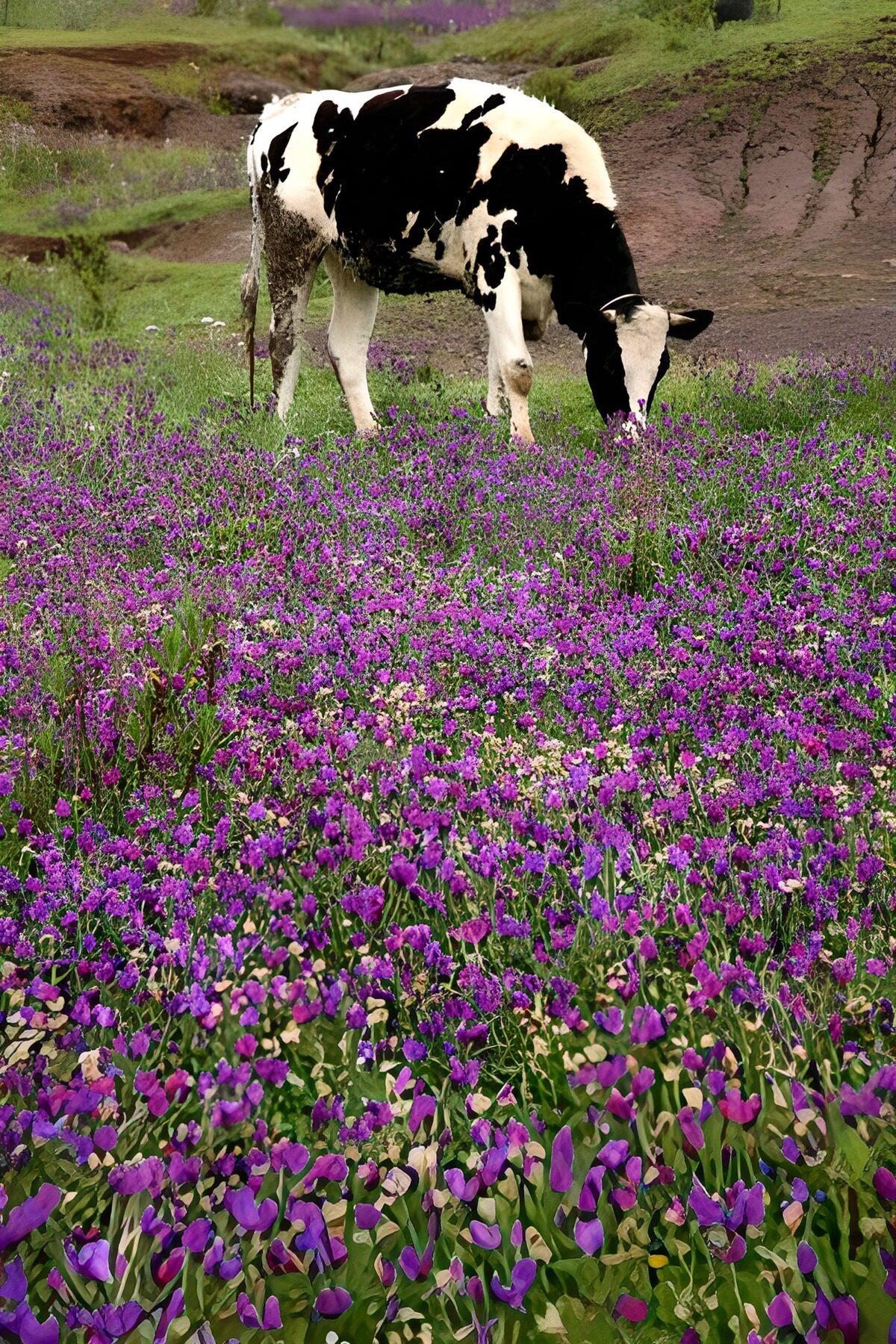 CW3856954: Koe in een paarse bloemenweide