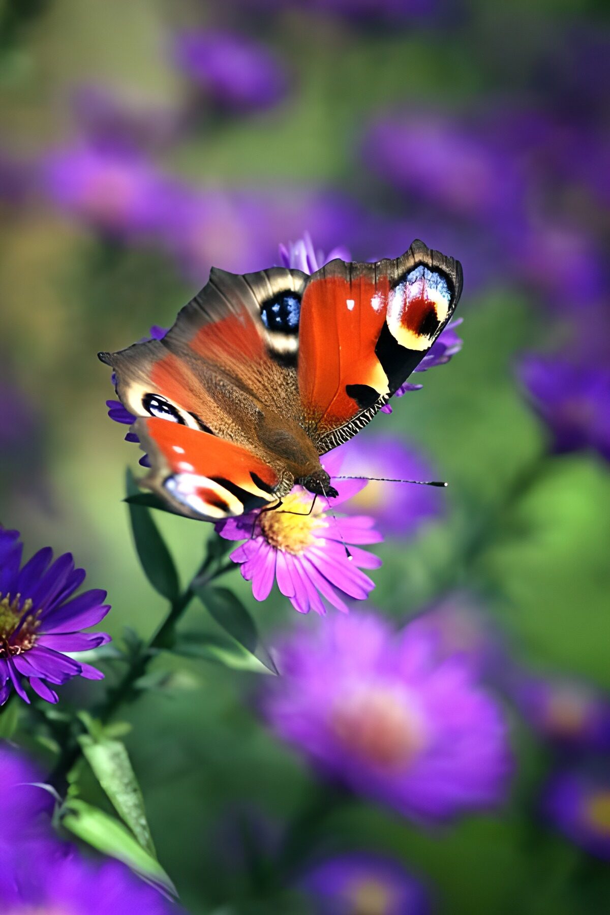 Schone dag-uil op paarse bloemen
