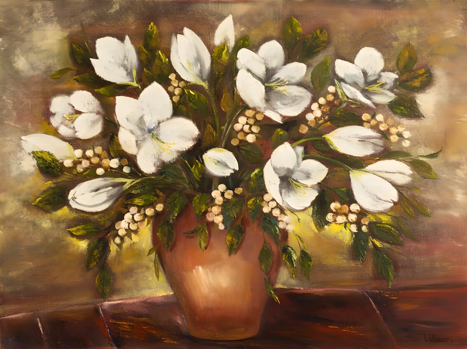 CW2838245: Witte Bloemen in Aardewerken Vaasje