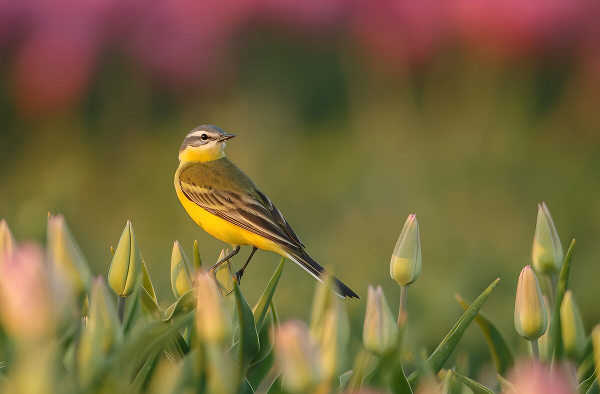 Gele Kwikstaart in een bloemenveld