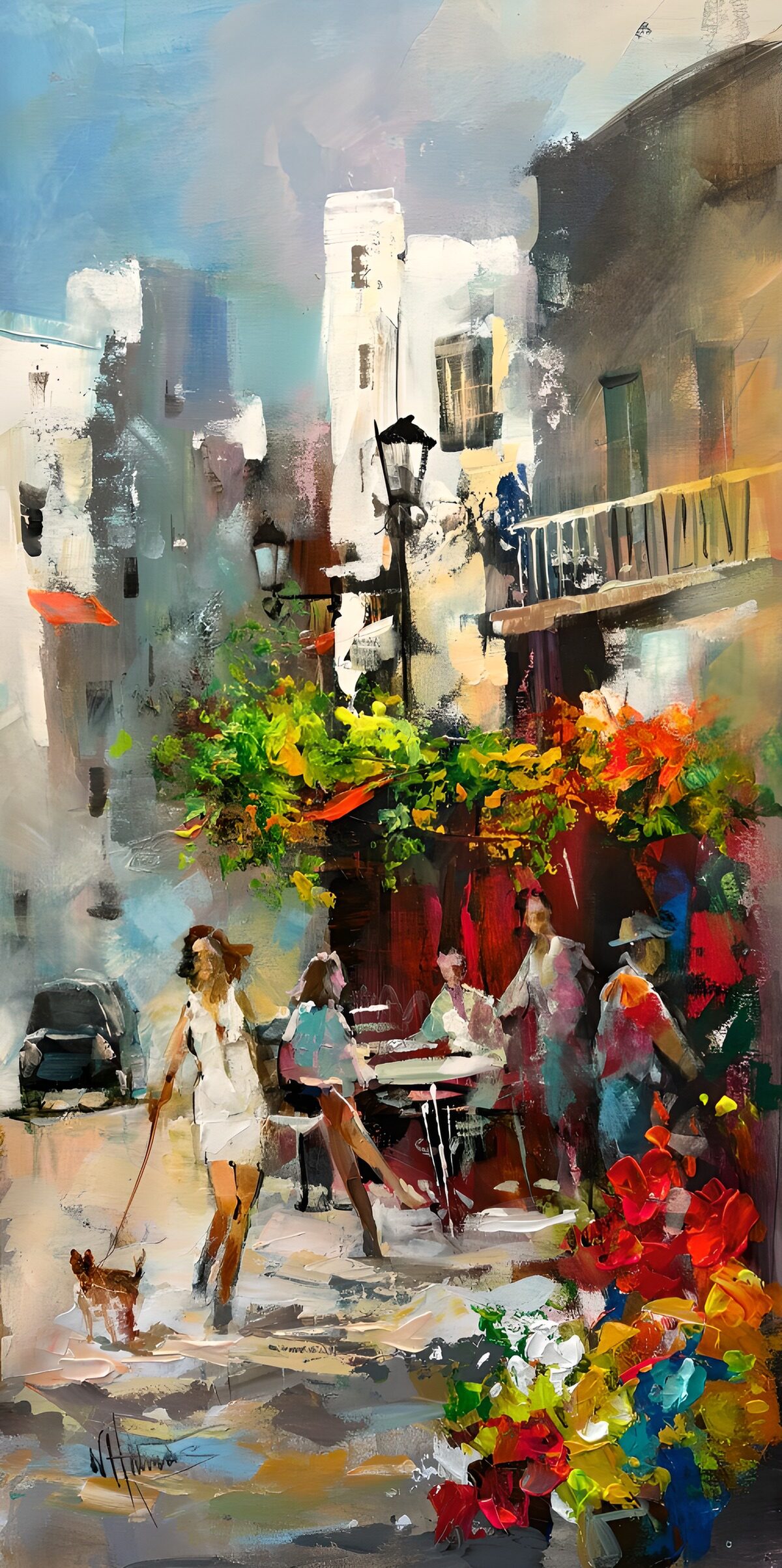 Zonnig straatcafé met bloemen