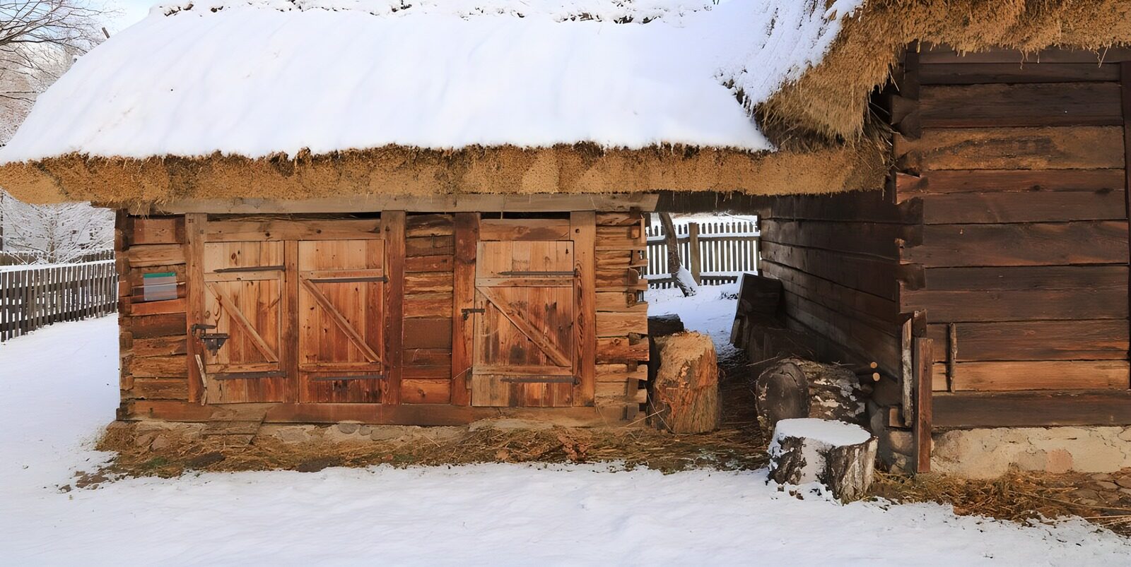 CW5398882: Sneeuwbedekte schuur in landelijke omgeving