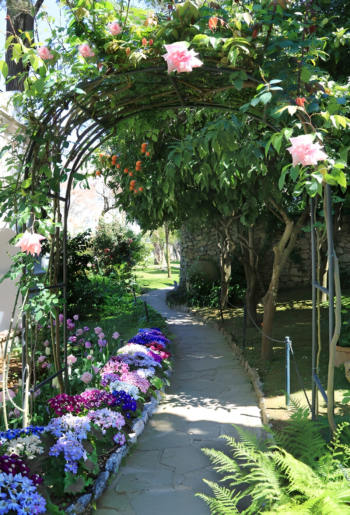 Bloemenpad onder de bloeiende boog