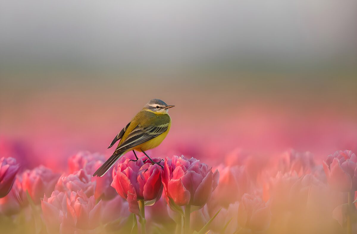Vogel tussen de tulpen
