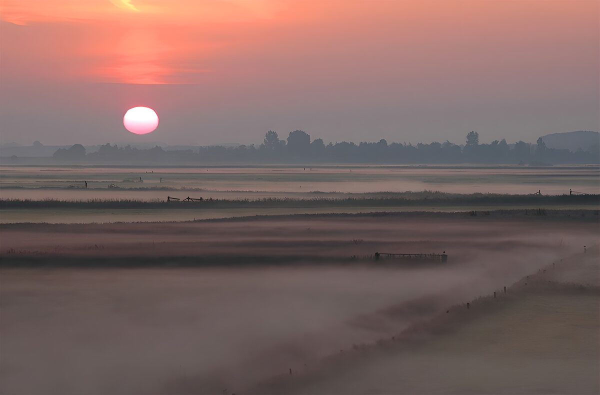 Hoge zonsondergang boven mistige velden