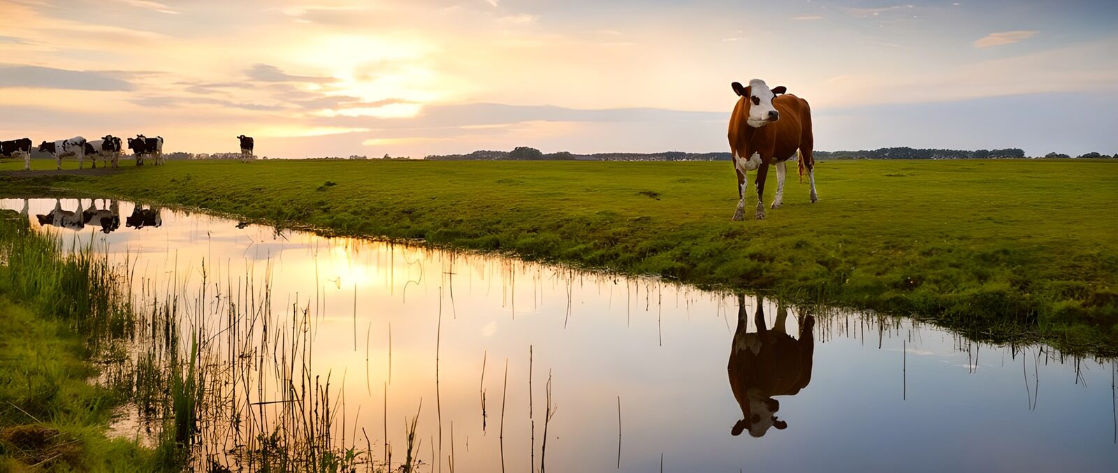 CW6419172: Koe in zonsondergang bij de waterkant