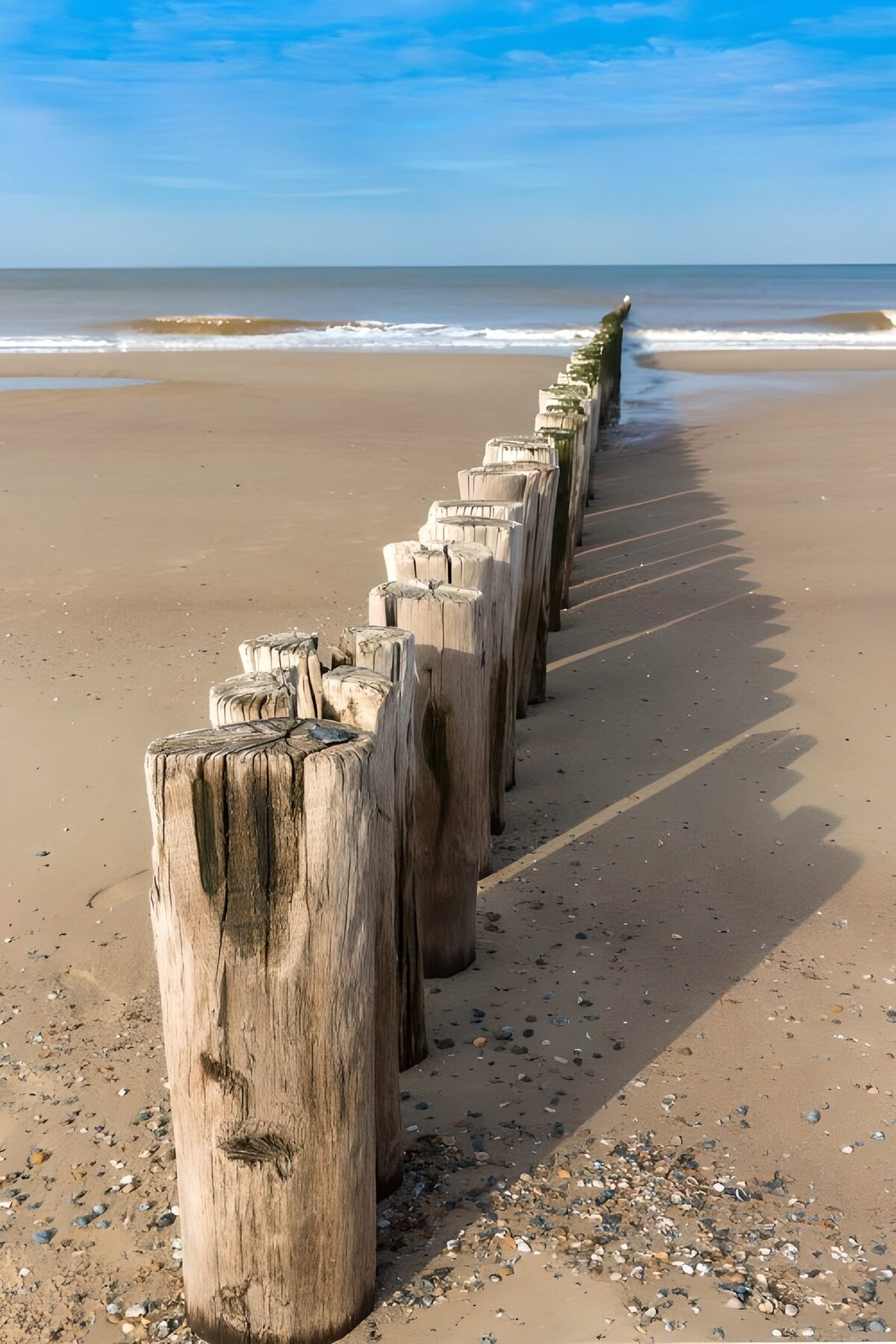 Houten palen langs het strand