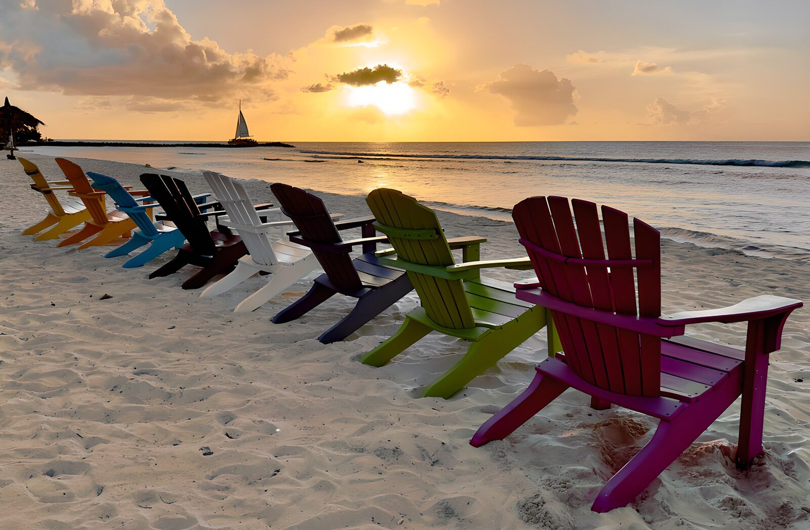 CW3058777: Kleurrijke stoelen aan het strand
