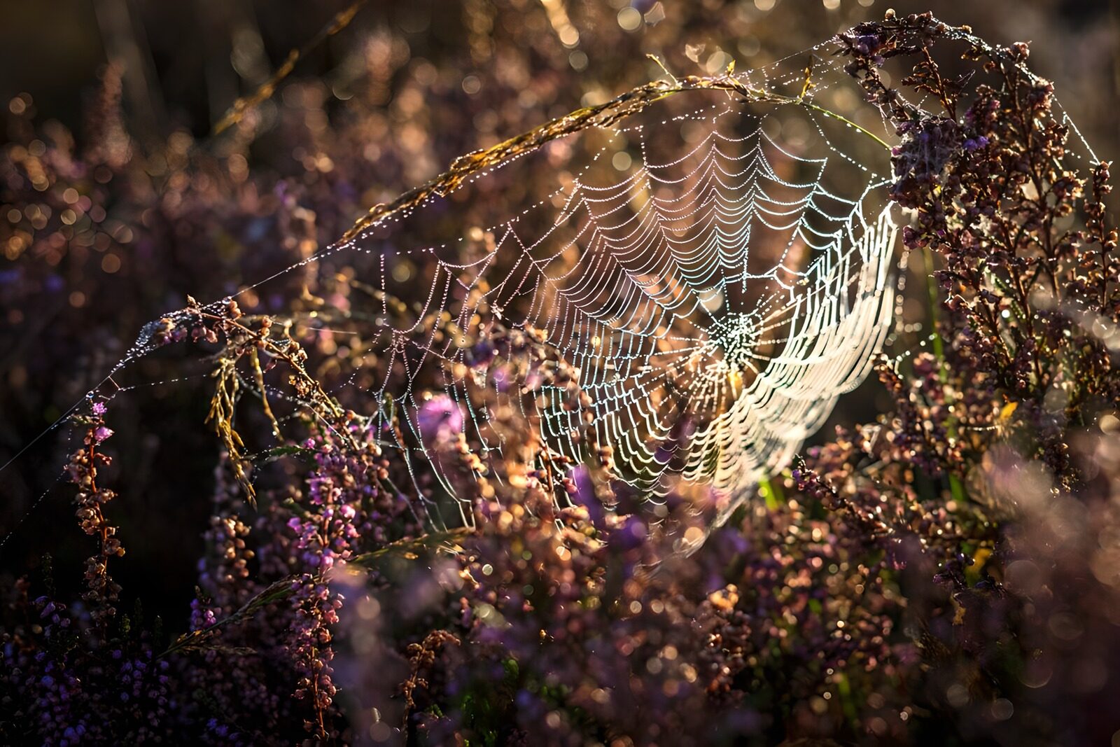 CW4416107: Prachtige spinnenweb in de heide