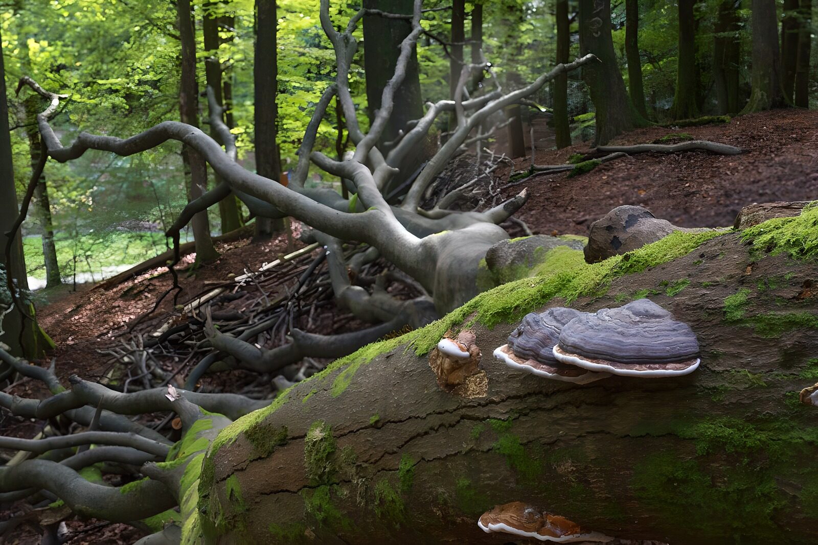 CW3100421: Paddenstoelen op een omgevallen boomstam