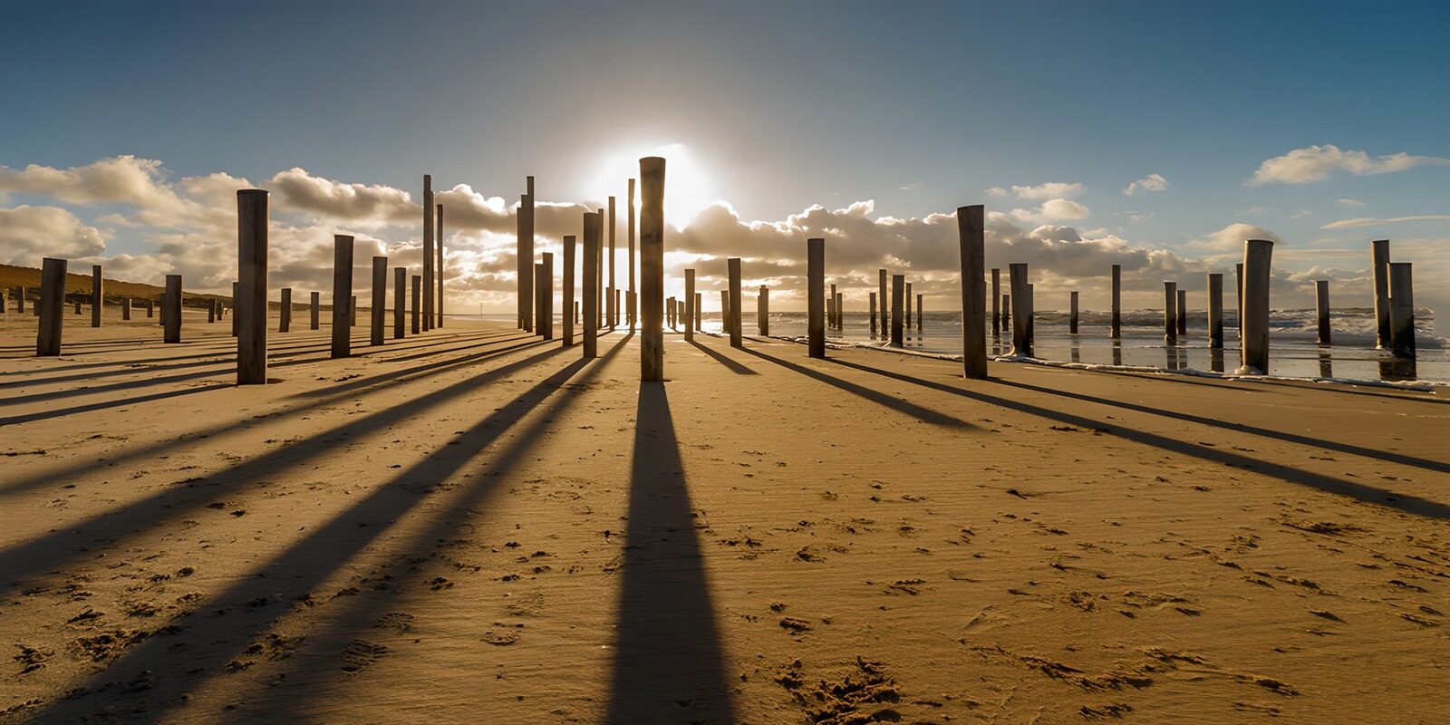 CW9398382: Zonsondergang bij zee met paalstructuur