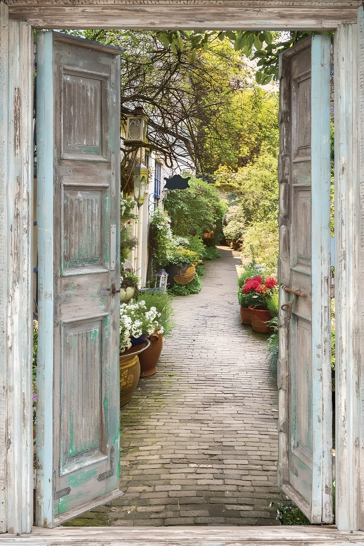Prachtige tuin achter oude deuren