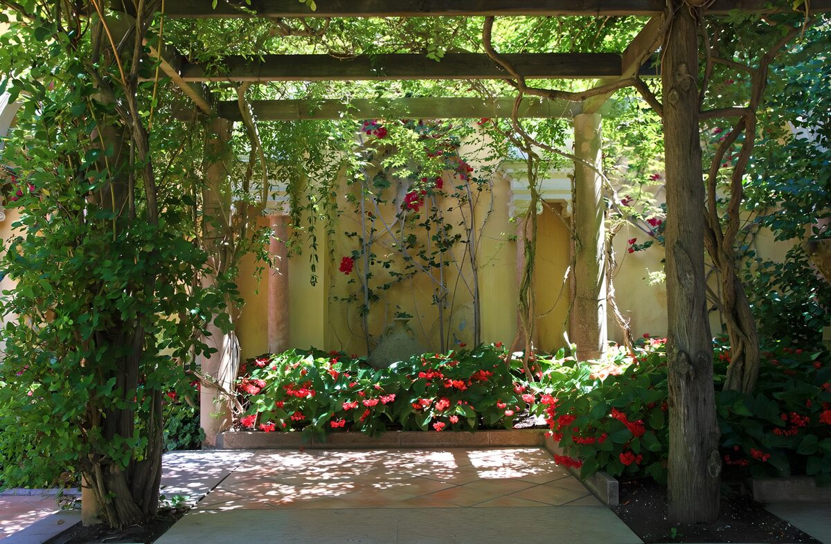 Sfeervolle bloementuin onder een pergola