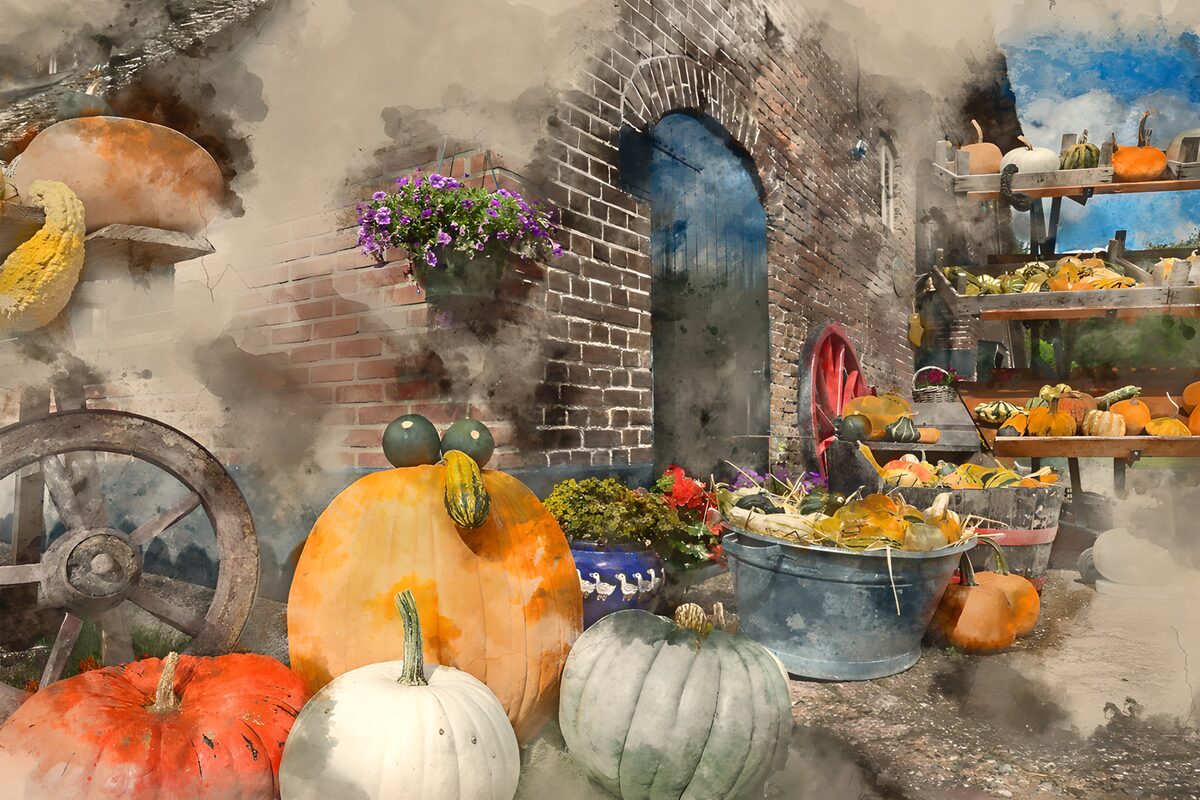 Herfstdecoratie met pompoenen en bloemen