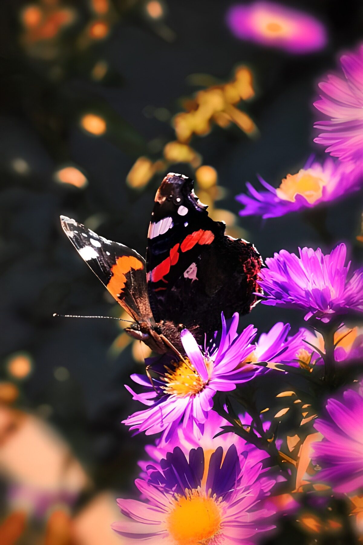 Mooie vlinder op paarse bloemen