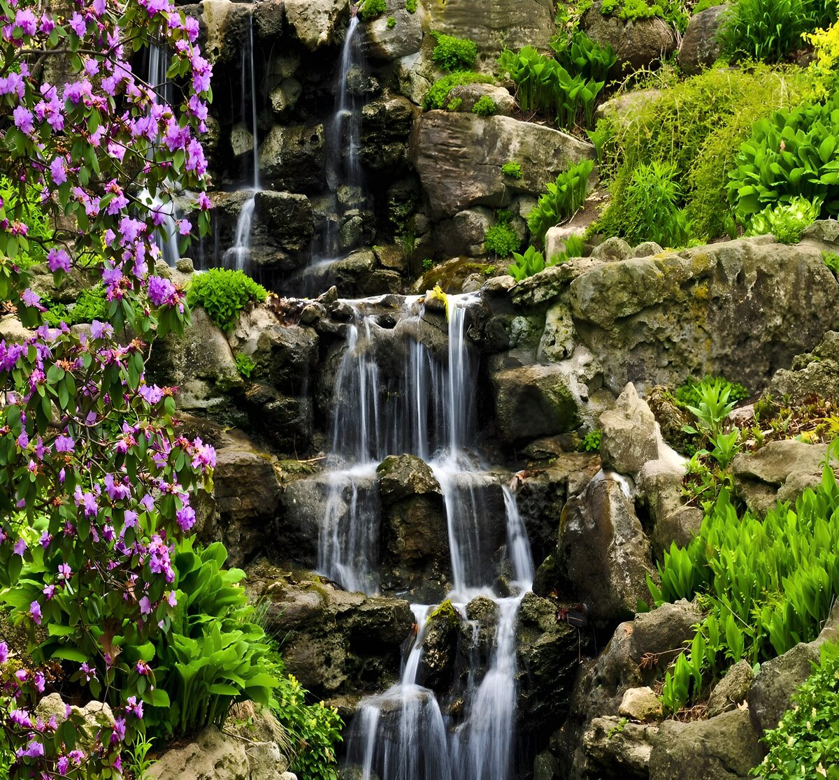 Waterval met Bloemen en Groene Planten