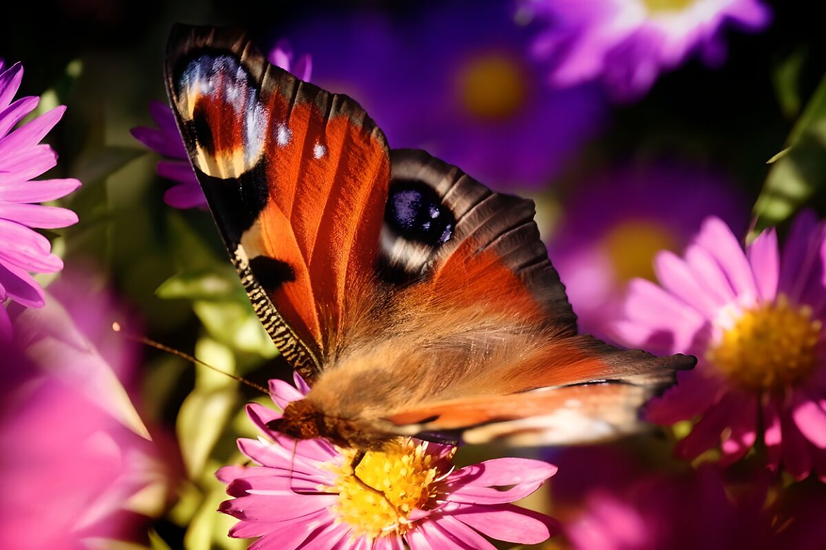 Vlinder op kleurrijke bloemen