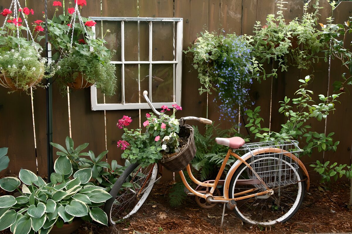 Fiets met bloemen in een tuin