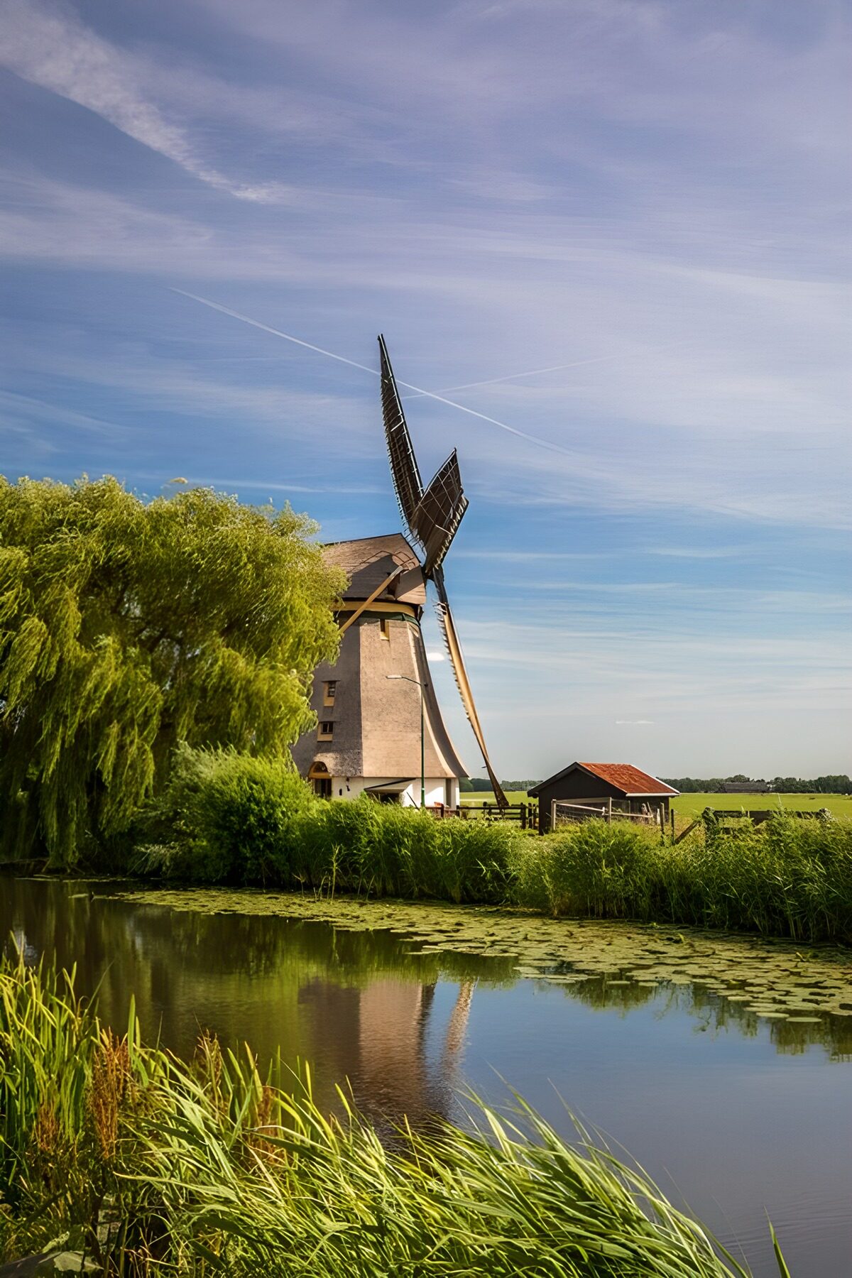 Molenvijver onder een blauwe lucht
