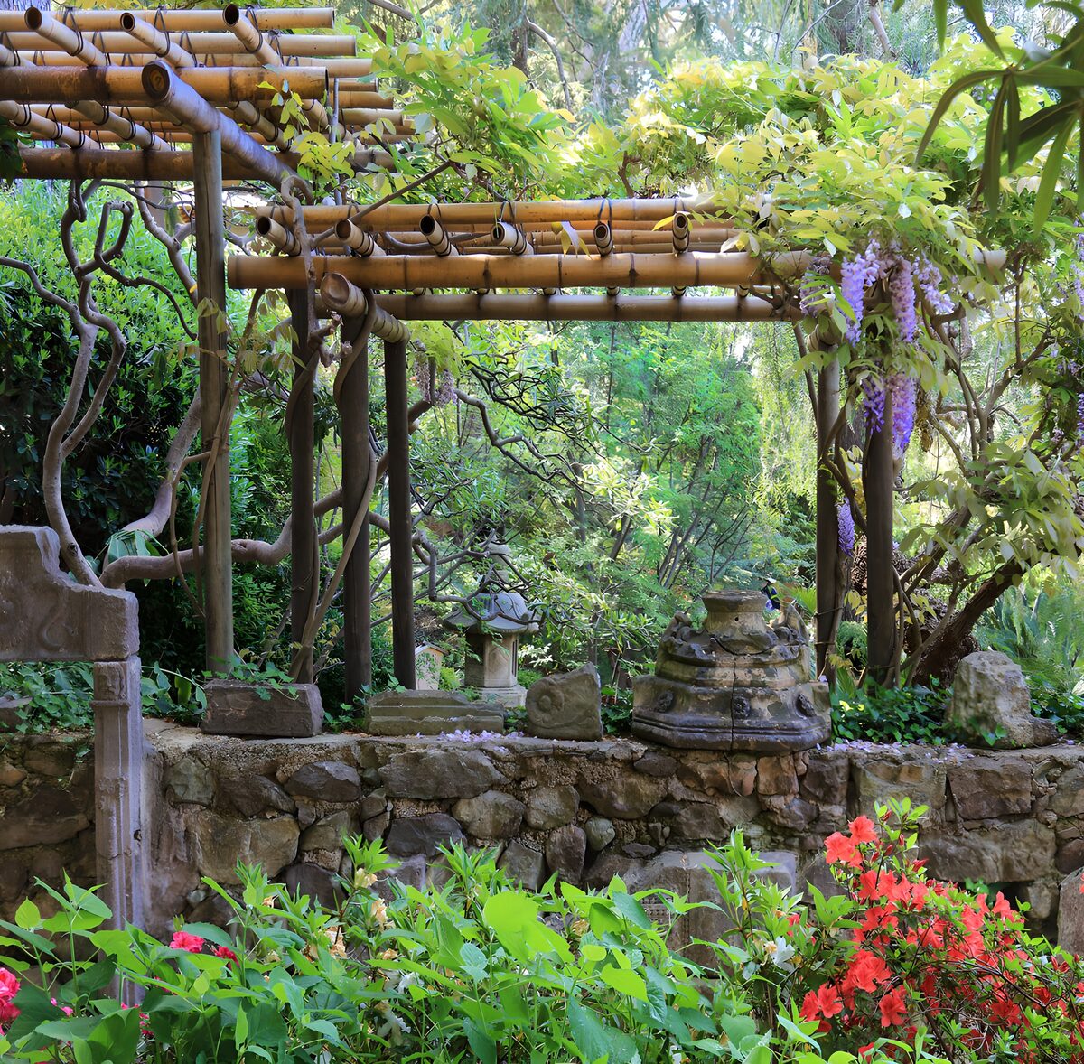 CW3604583: Een Rustige Tuin onder een Bamboe Pergola