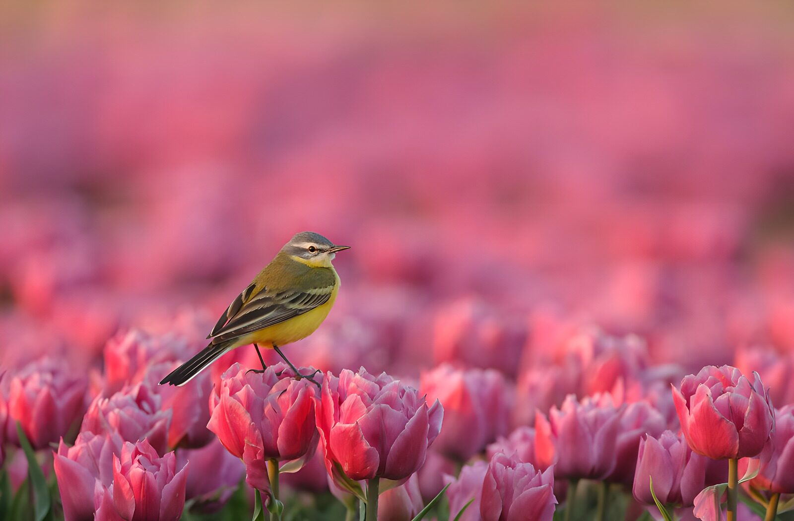 CW1807547: Vogel tussen rozen in de tulpenvelden