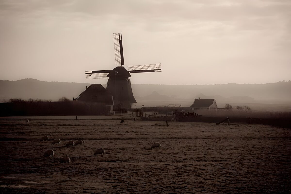 Prachtige molen in mistig landschap