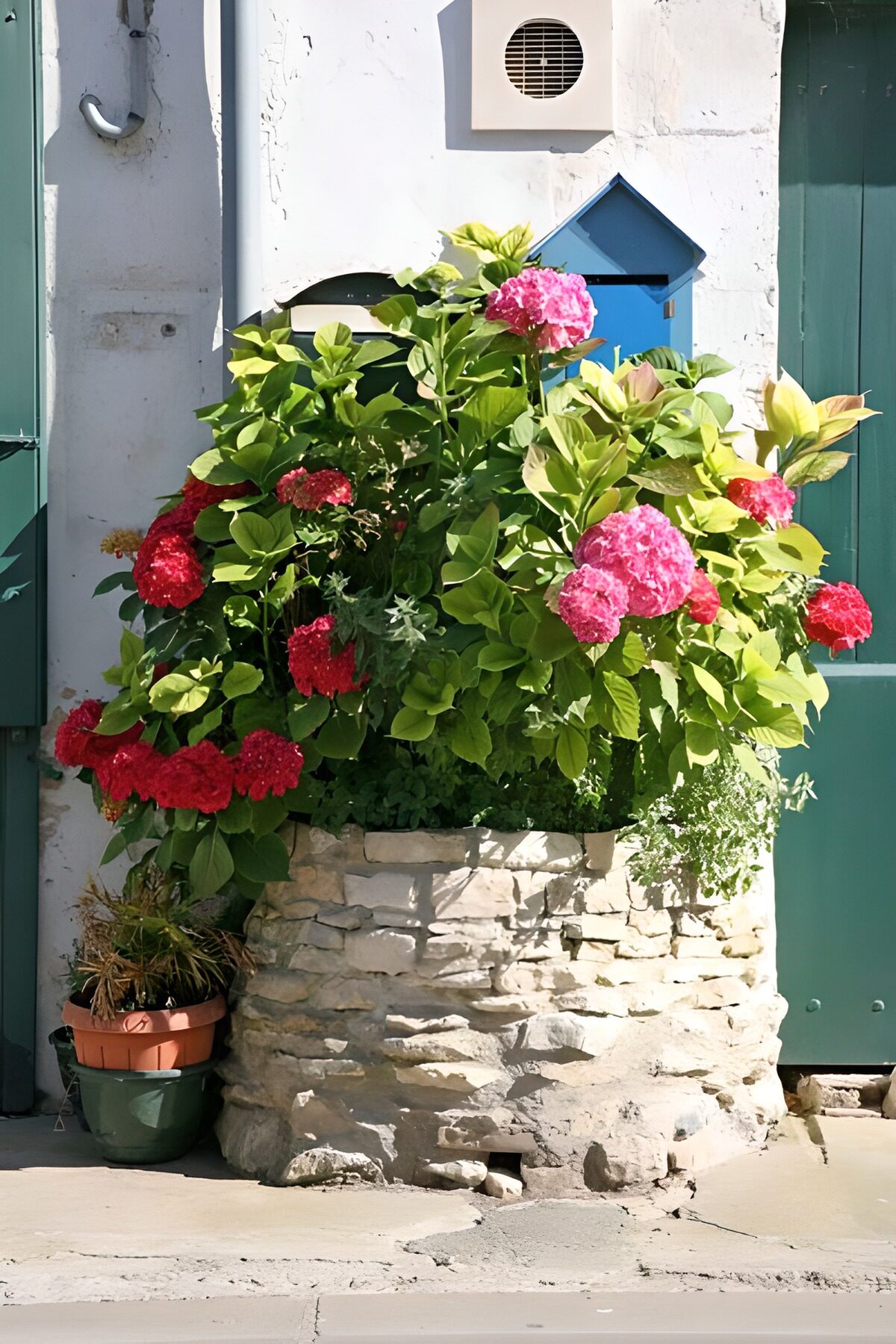 CW4089207: Bloeiende hortensia's bij de voordeur
