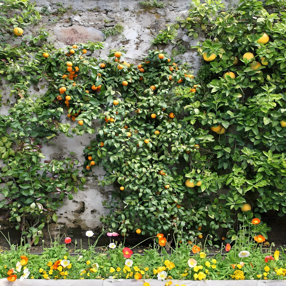 Sfeervolle muur met citrus en bloemen
