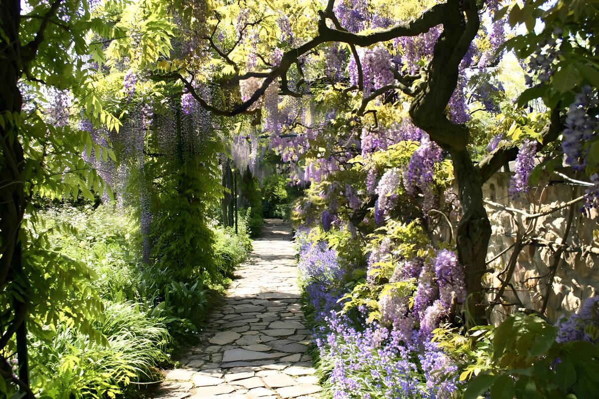 Prachtige lila bloeipaden in de tuin