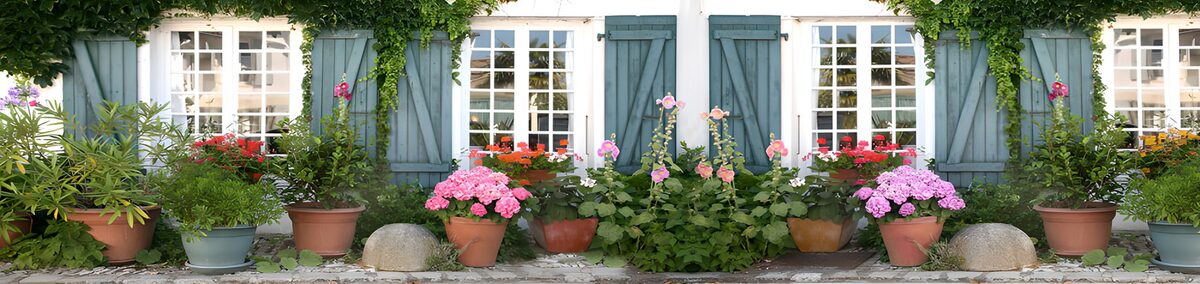 Bloeiende tuin met blauwe luiken