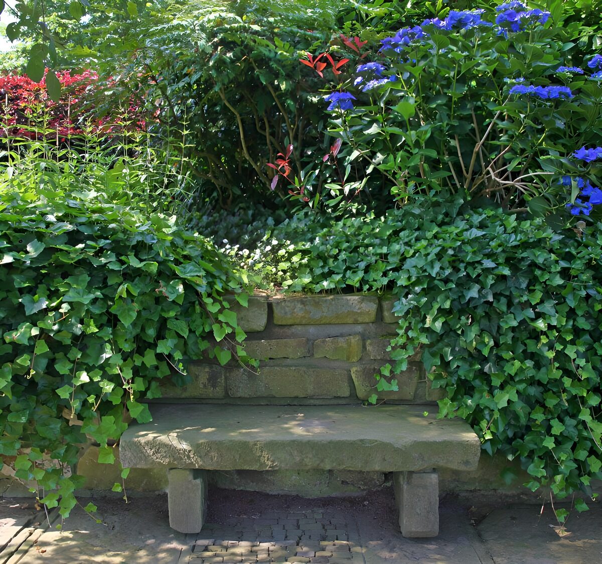 CW5563064: Groene bank omgeven door bloemen