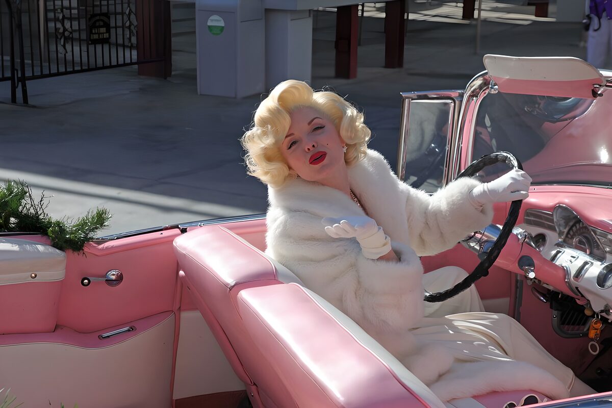 Glamoureuze rit in een roze auto