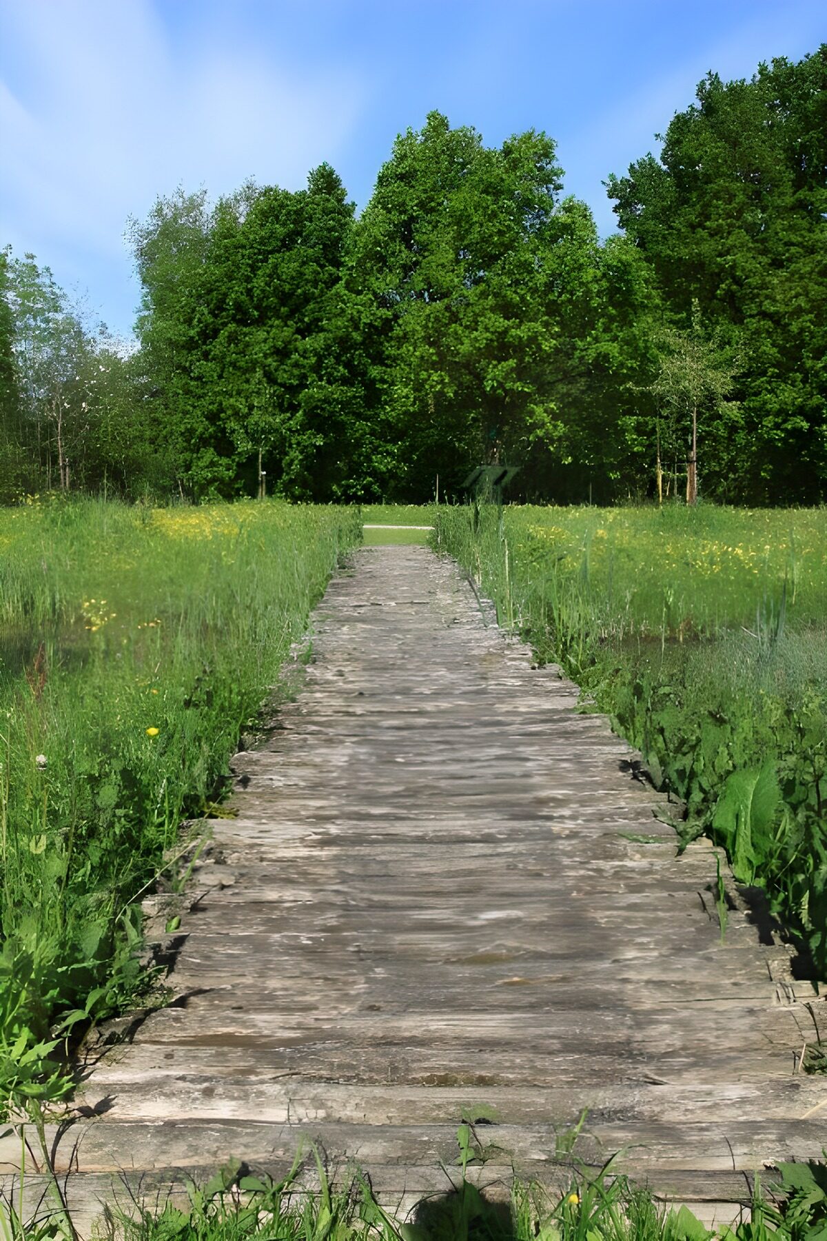 Houten pad door de groene natuur