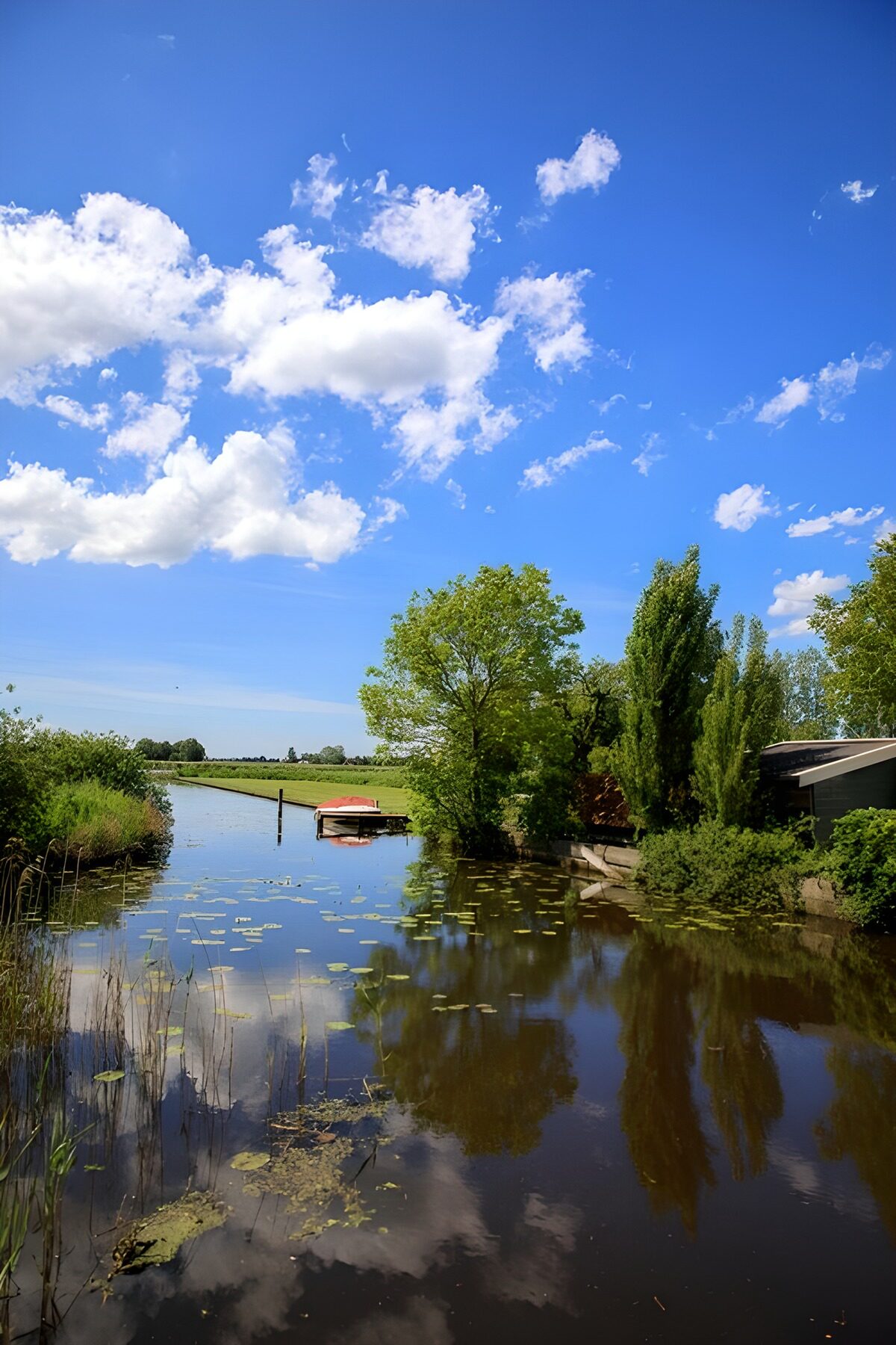 Rustig kanaal onder een blauwe lucht